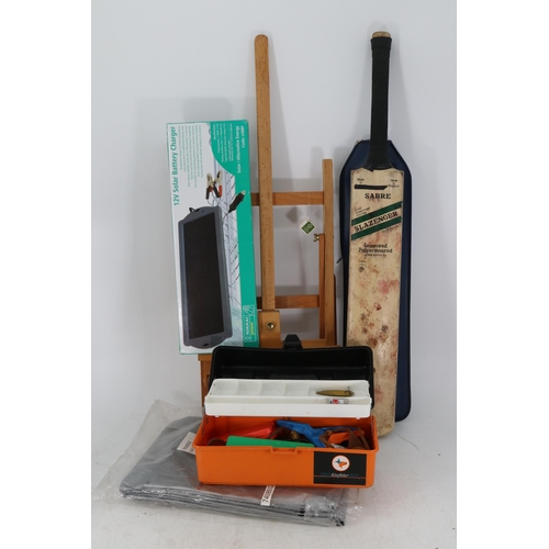 308 - Easel together with a slazenger cricket bat, car cover, crafting box with fishing tackle and a 12v s... 