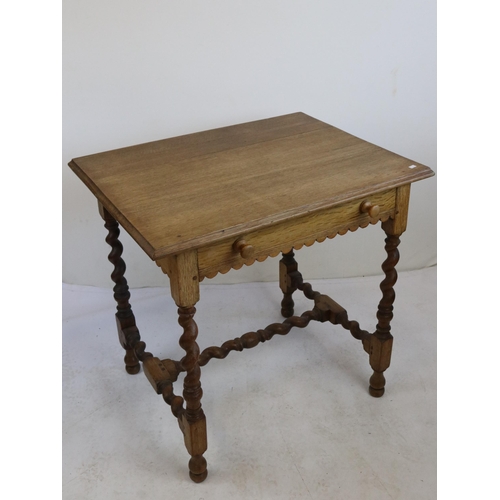 334 - Oak side table with pegged barley twist legs and stretcher with single drawer measures approx. 78cm ... 