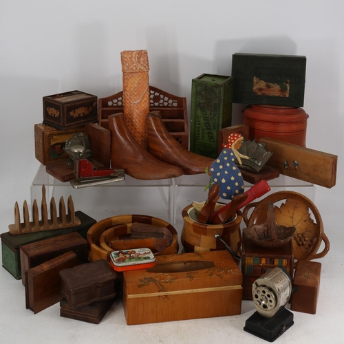 425 - Selection of wooden items, boxes, puzzle boxes etc together with vintage tins