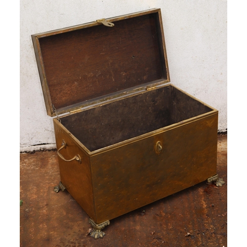 457 - Brass skimmed log box with wooden interior measures approx. 68cm w x 43cm d x  42cm h