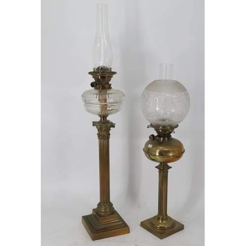 459 - Two brass stem oil lamps both with Hinks Duplex NO.2