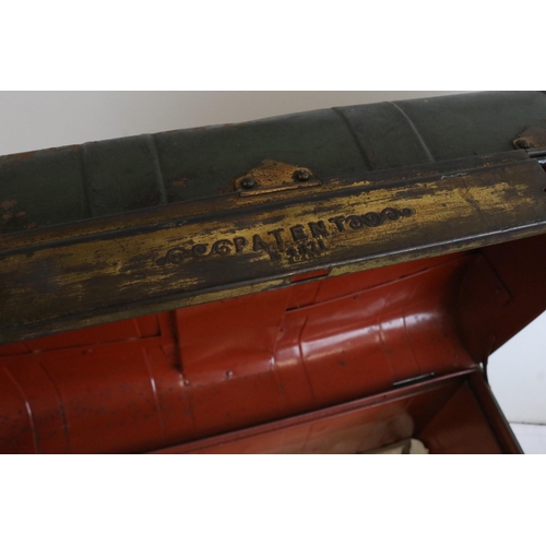 462 - Antique tin trunk with green paint and brass lock cover dated 1871 (no key) measures approx. 77cm w ... 