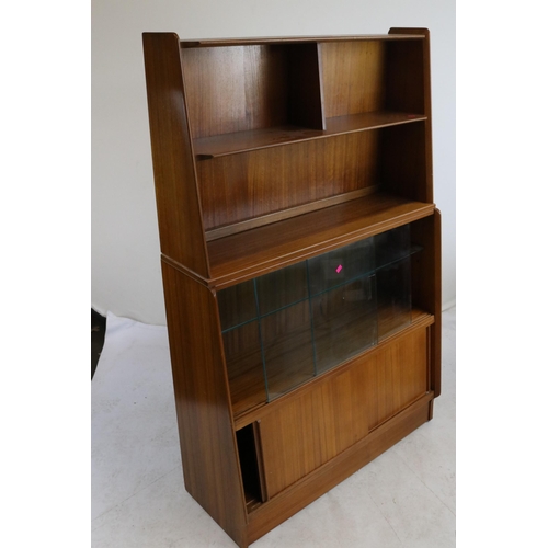 465 - Mid century waterfall bookcase cabinet with sliding glass doors, blind lower cupboard and glass shel... 