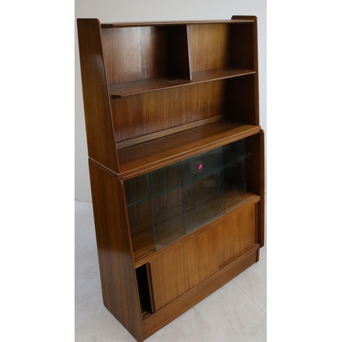 465 - Mid century waterfall bookcase cabinet with sliding glass doors, blind lower cupboard and glass shel... 