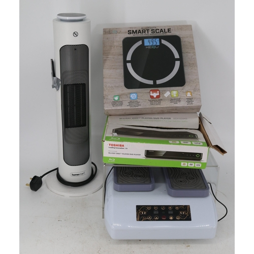 523 - Circulation booster machine, home smart heater with remote, boxed Toshiba blueray player and a boxed... 