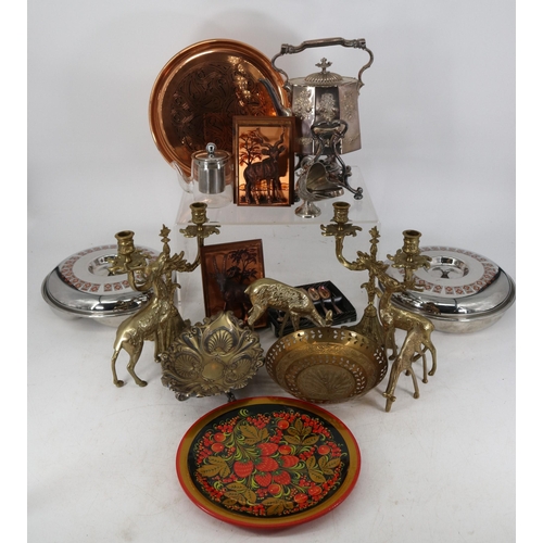 525 - Quantity of assorted metalware to include plated kettle on stand by Phillip Sherry and sons, brass c... 