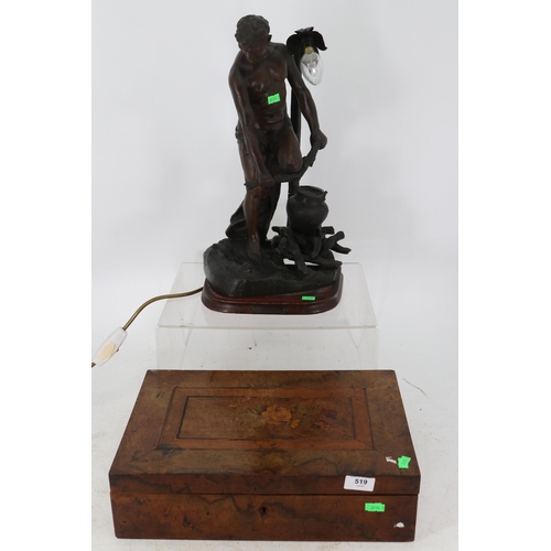 519 - A Spelter figural side lamp (trade, spares or repairs) together with an antique walnut writing slope... 