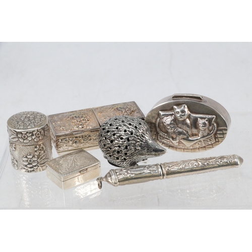 6 - A silver 925 needle case, together with a925 silver pill pot decorated with cats, A 925 silver circu... 