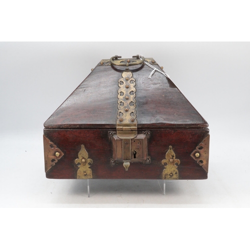 93 - Indian wooden jewellery box with brass binding, no key but open