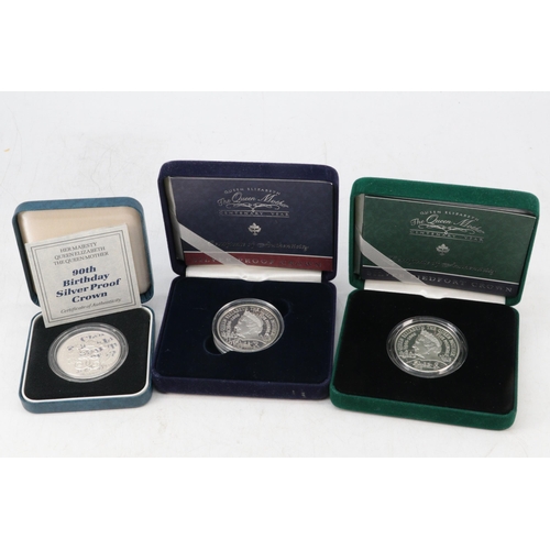 128 - The Royal Mint, The Queen Mother centenary Year Silver Piedfort Crown, Silver Proof Crown and a 90th... 