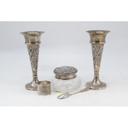 19 - Pair of Silver weighted trumpet vases together with a silver topped vanity pot.