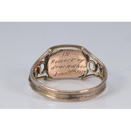 168 - Antique unmarked gold mourning ring set with clear front and knotted hair under, Dear Mother  June 9... 