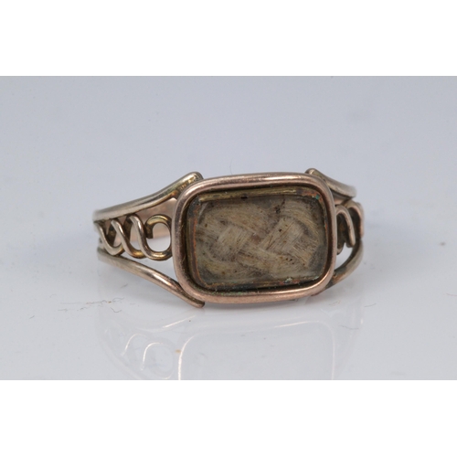 168 - Antique unmarked gold mourning ring set with clear front and knotted hair under, Dear Mother  June 9... 