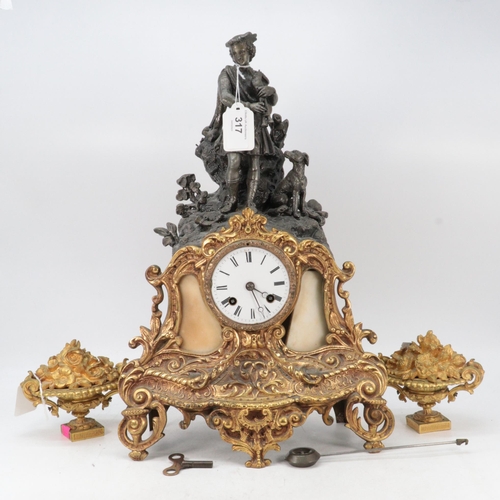 250 - 19th Century French gilt metal figural clock, three piece garniture set comprising clock with metal ... 