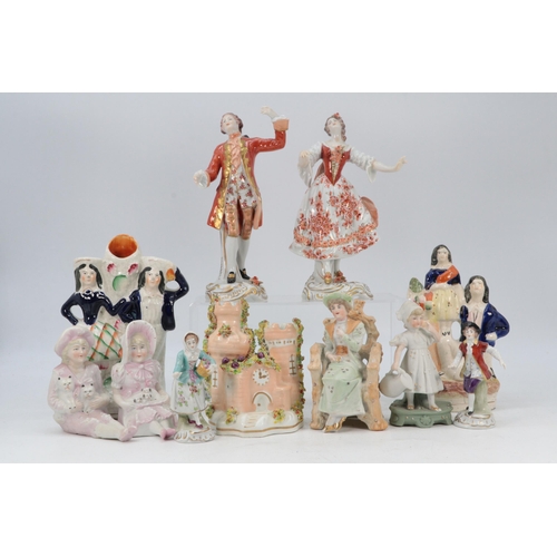 107 - Pair of porcelain classical figures, bisque figures and Staffordshire flatbacks etc