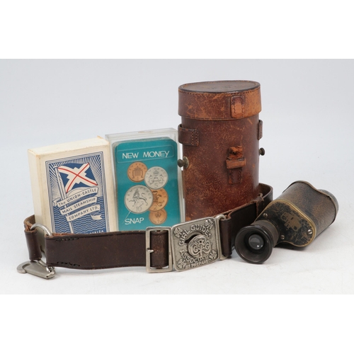 124 - Carl Zeiss jena monocular in case, Vintage Girl Guides belt and packs of cards.