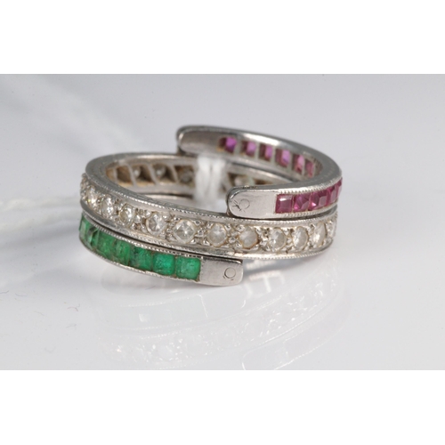 172 - unmarked multi-gem hinged ring set with diamonds, rubies and emeralds