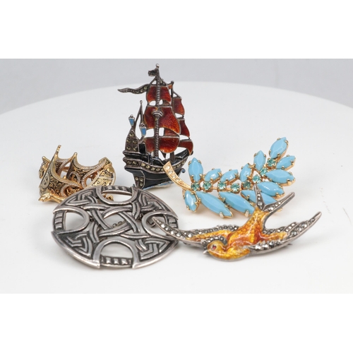 180 - Silver and enamel galleon ship brooch set with marcasite, similar swallow brooch, silver celtic styl... 