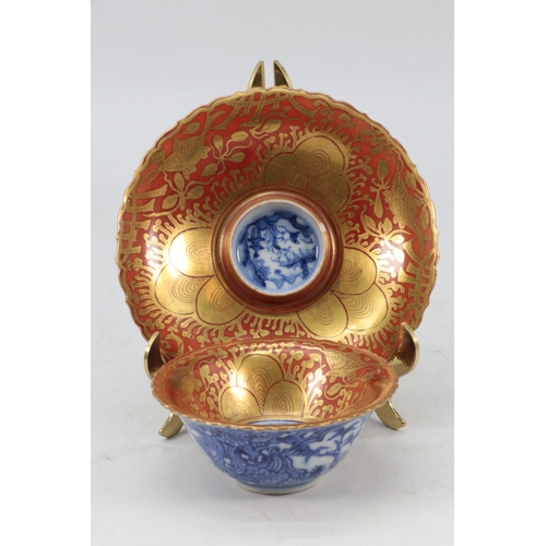 39 - Impressive Chinese tea bowl and matching saucer. Red ground with gilt borders and with Blue and whit... 