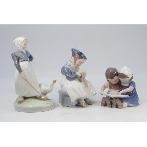 45 - Copenhagen 1319 figurine of a girl doing needlework, 528 girl with goose, and Bing and Grondahl 1567... 