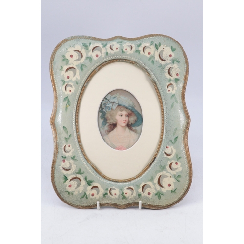 73 - Decorative hand painted frame with oval watercolour portrait miniature of a lady (picture visible me... 