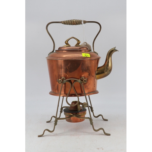 252 - Art nouveau style Copper and brass kettle on stand with burner.