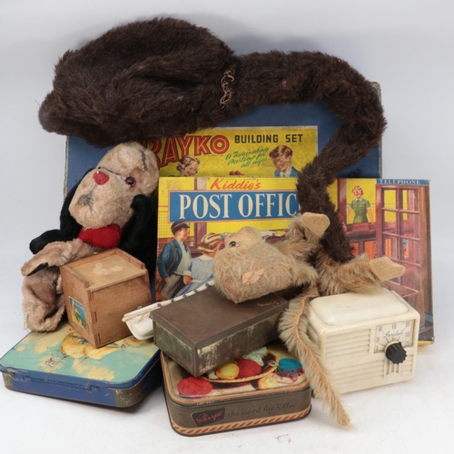 255 - Vintage Davey Crocket hat, bako building set, Kiddies Post office, Tins etc