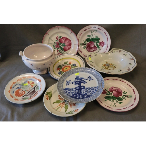 439 - Large selection of French porcelain and ceramic plates, Barbers bowl etc.