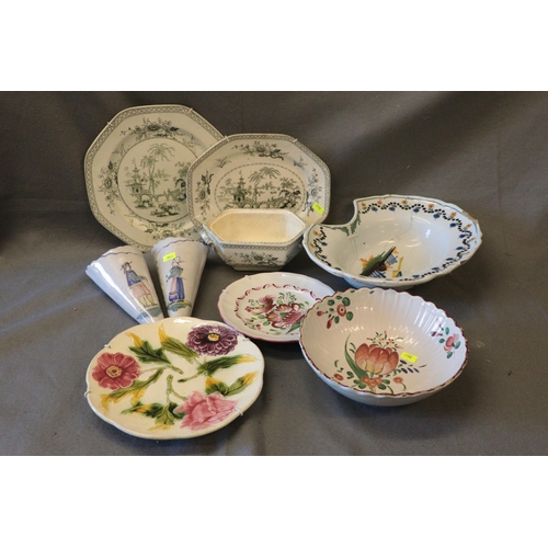 439 - Large selection of French porcelain and ceramic plates, Barbers bowl etc.