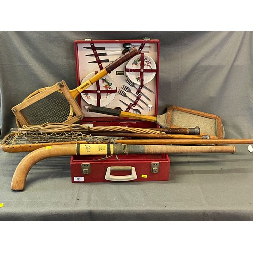 405 - Brexton picnic box, two tennis rackets, two silver topped? walking sticks, lacrosse etc