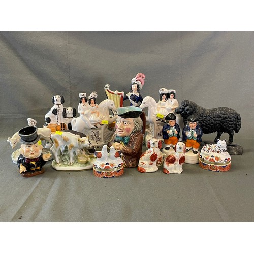 464 - Quantity of toby jugs, reproduction staffordshire figures, sheep doorstop etc