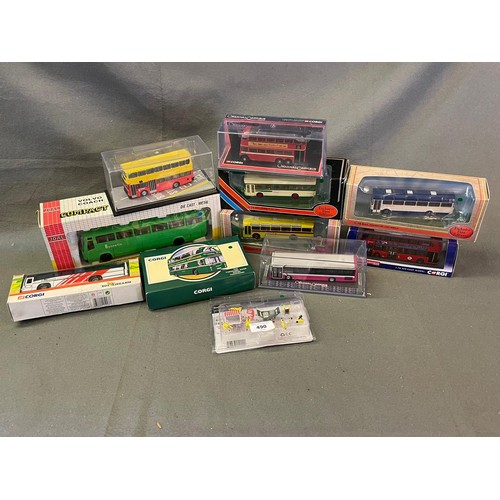 490 - A selection of boxed assorted diecast coaches/busses, Bachmann Roadside technicians figures etc