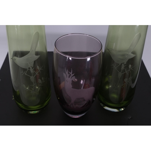 14 - Three art glass Scottish? vases decorated with Deer and Birds