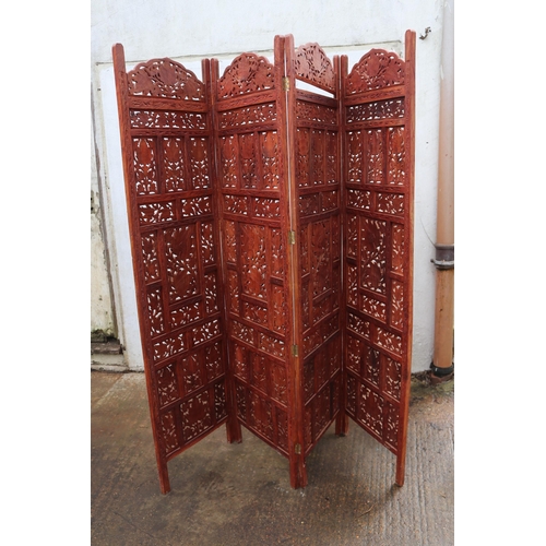 103 - Oriental hardwood four carved panel screen measures approx. 183cm h x 204cm w