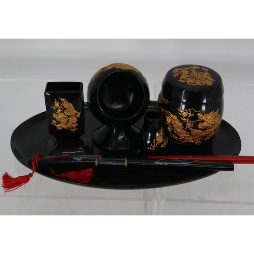 109 - Japanese lacquered desk set with Samurai paper knives