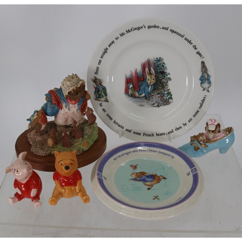 113 - Wedgwood Peter rabbit plate and shallow bowl, Beswick Beatrix Potter 'Old women who lives in the sho... 