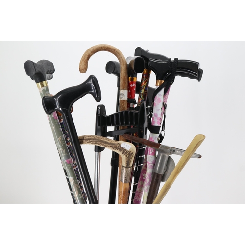 117 - Good quantity of modern walking sticks together with a shooting stick and a bone handles walking sti... 