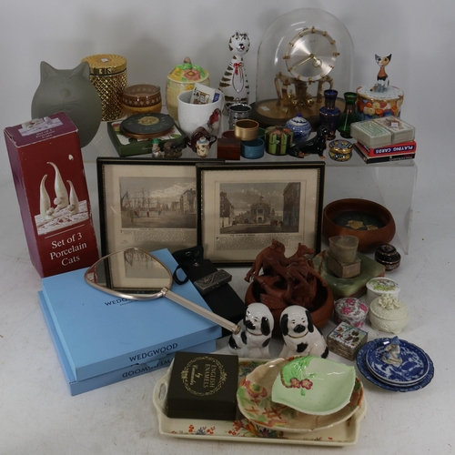 119 - Mixed lot to include a Kunde anniversary clock, Mauchline box, cat ornaments, prints of Poole, boxed... 