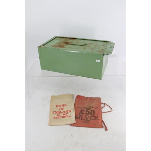 353 - A safe with two vintage bank note / coin bags. It measures approx. 48 x 26 x  18cm.