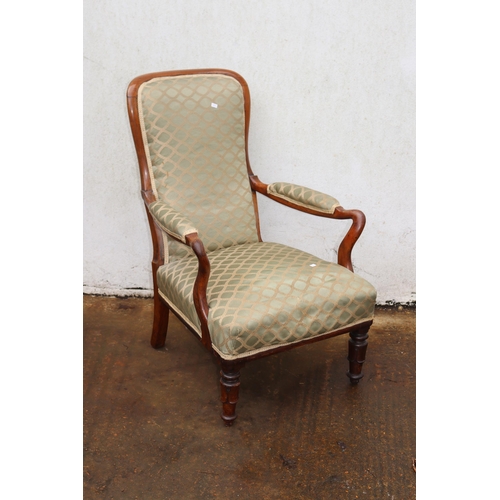 355 - Upholstered arm chair with serpentine legs and carved front legs (not damage to one arm)