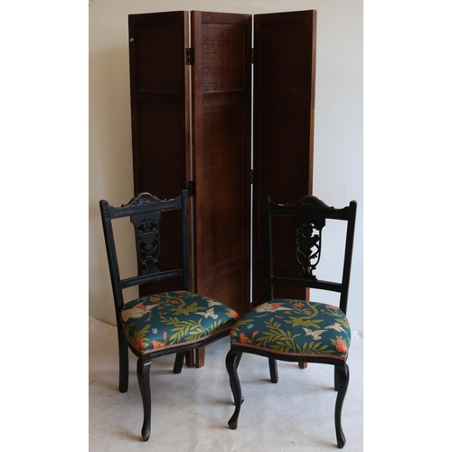 514 - Tri fold wicker screen together with a pair of Victorian chairs (Upholstery does not comply to curre... 