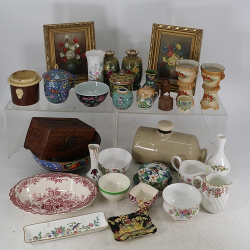 515 - A selection of decorative ceramics, two oil on board still life's  by Alan. T, tea ware, and other c... 