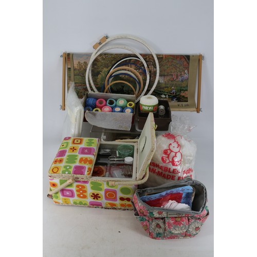 195A - Quantity of embroidery hoops, silks, needle work box and other crafting items.