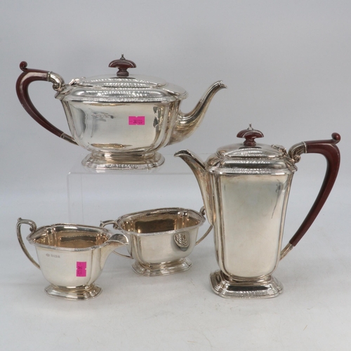 1C - Four piece silver hallmarked tea set, (coffee pot has the date letter K) also squashed at base.
The ... 