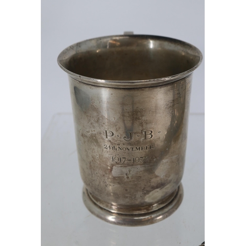 2 - Sterling silver tankard with presentation inscription dated 1938 together with a silver back hairbru... 