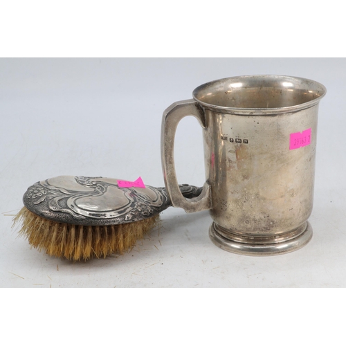 2 - Sterling silver tankard with presentation inscription dated 1938 together with a silver back hairbru... 