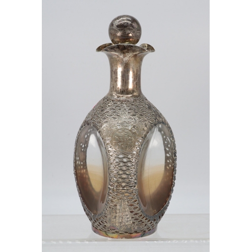 5 - Hong Kong sterling silver overlaid Haigs decanter with stopper (inside of the bottle has remnants an... 