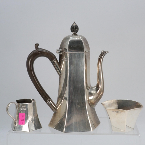 19 - A Petite silver hallmarked Asprey London coffee pot, cream jug and sugar bowl. (approx. 530g)