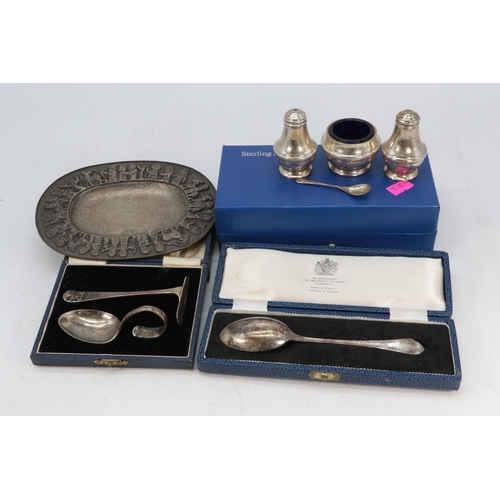 50 - A cased silver hallmarked Christening set together with a sterling silver cruet set in fitted box, n... 