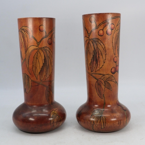 52 - Pair of vintage fruit wood vases, hand decorated. Approx. 28cms tall.